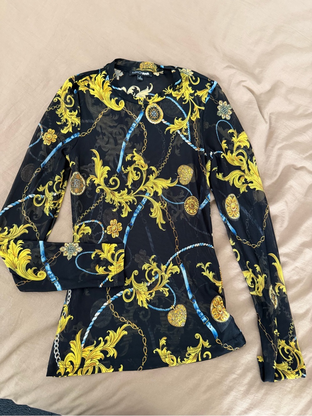 Fashion Nova Black Long Sleeve Top with Yellow & Blue Baroque Print